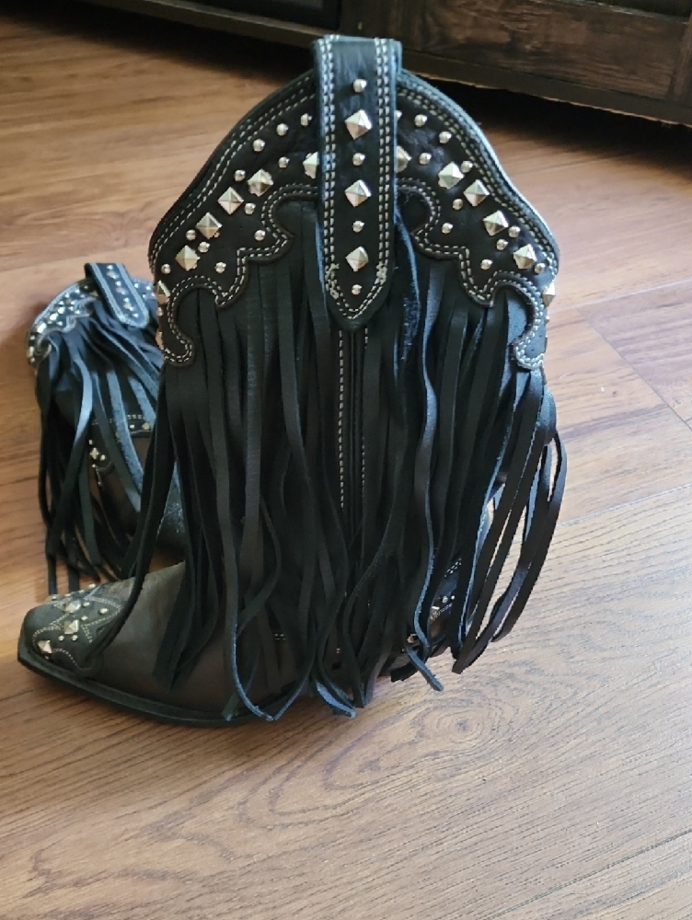 Fringe Studded Western Ankle Boots - Black/Brown with Silver Accents - Picture 4 of 13